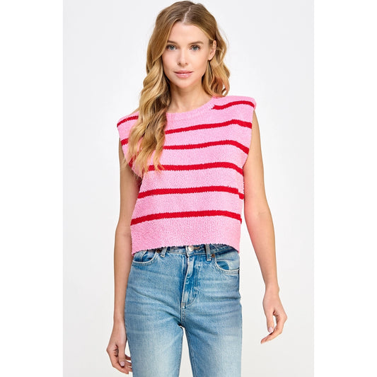 Get ready to elevate your t-shirt game with our textured striped knit sleeveless tank. With padded shoulders and a relaxed silhouette, this trendy tee can be dressed up or down. Perfect for any occasion, it's sure to be a closet staple!