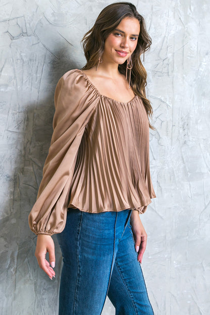Gold party top, solid woven material, dreamy sweetheart neckline, and playful pleated bodice