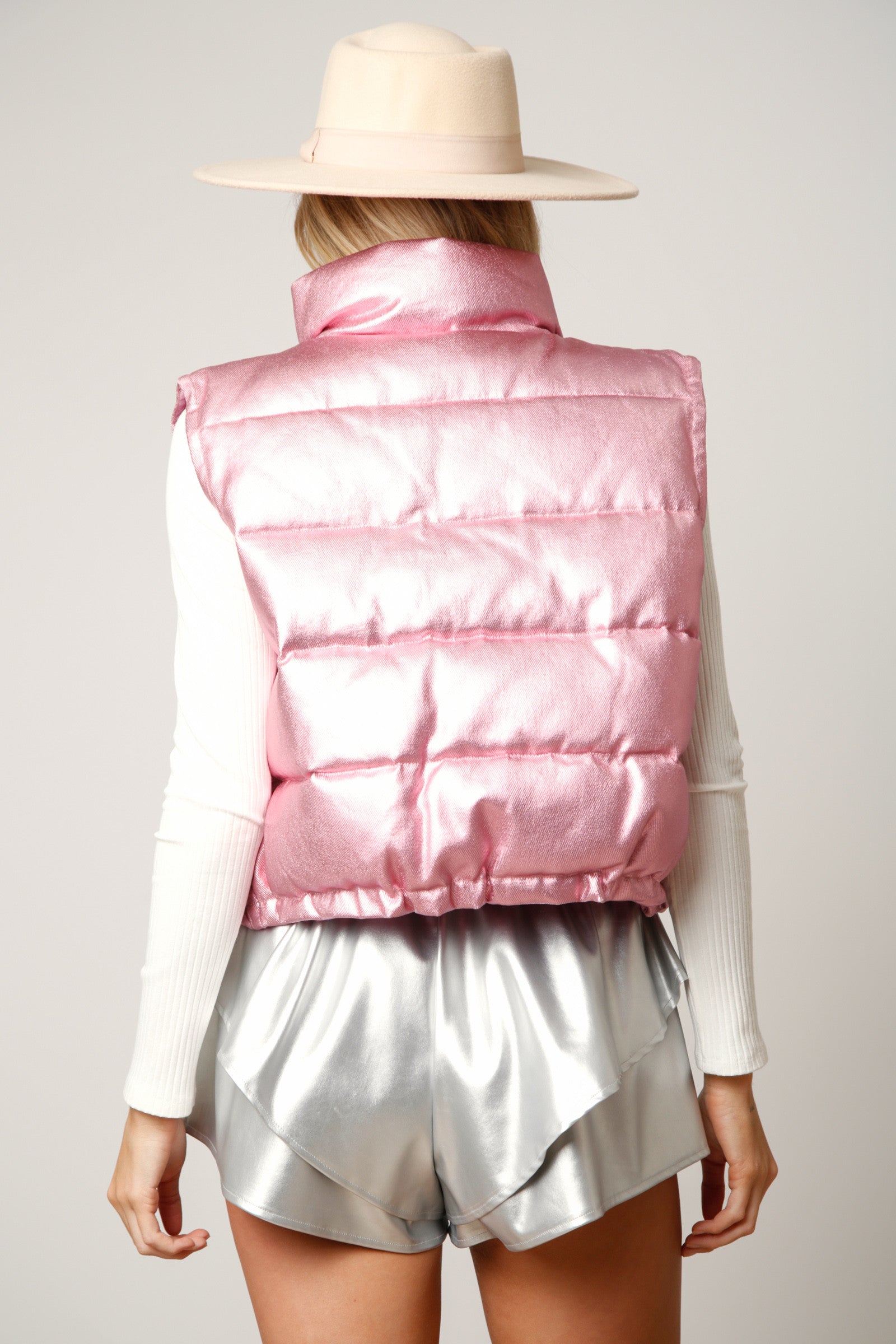  metallic denim puffer vest, pink vest