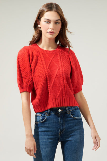Short-sleeved chunky cable-knit with poofy elasticated cuffs - puff up your style and be a comfy-cozy cutie!