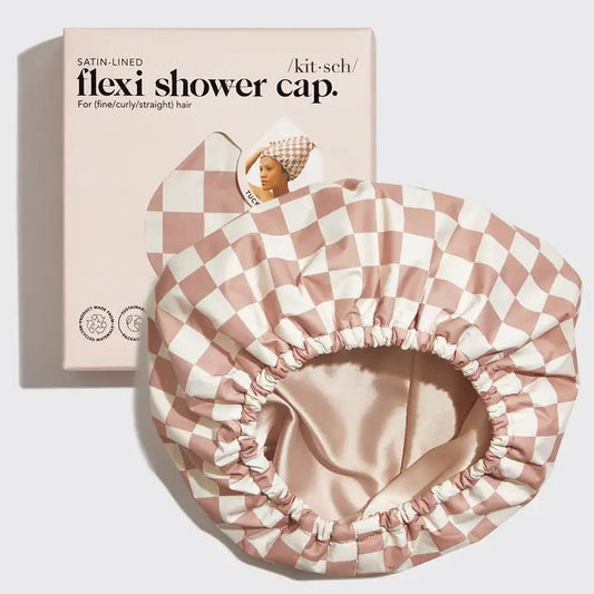 Satin Lined Flexi Shower Cap - Terracotta Checker - Accessories - Hair - Kitsch