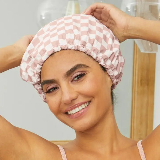 Satin Lined Flexi Shower Cap - Terracotta Checker - Accessories - Hair - Kitsch