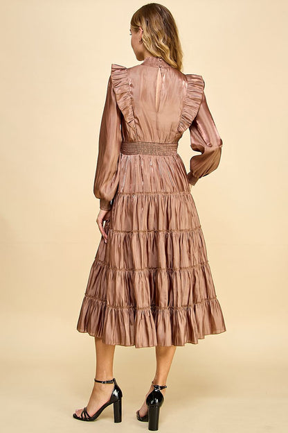 Falling head-over-heels for this Love You Latte dress! Our mock neck, tiered ruffle midi dress is the perfect blend of stylish and comfortable. With an elastic waistband, ruffle details on the long sleeves, and a back keyhole, you'll look amazing (and feel amazing, too)!