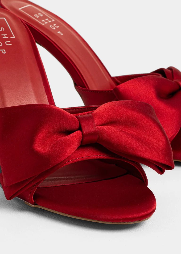 ShuShop Elena Red Satin Bow Heels - Shoes - Heels - ShuShop