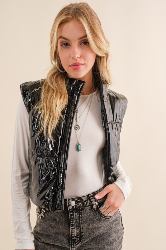 Simply Cozy Shiny Crop Puff Vest - Outerwear - Vests - Blue B
