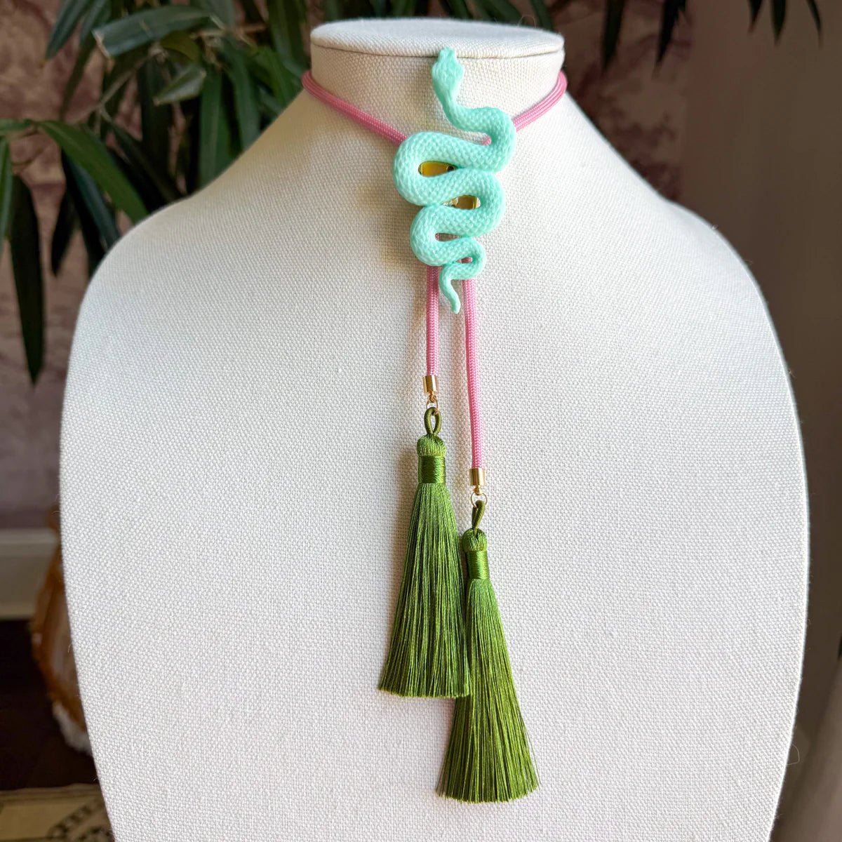 Snake Bolo Turquoise with Bubblegum Pink & Olive - Jewelry - Necklaces - Rahya