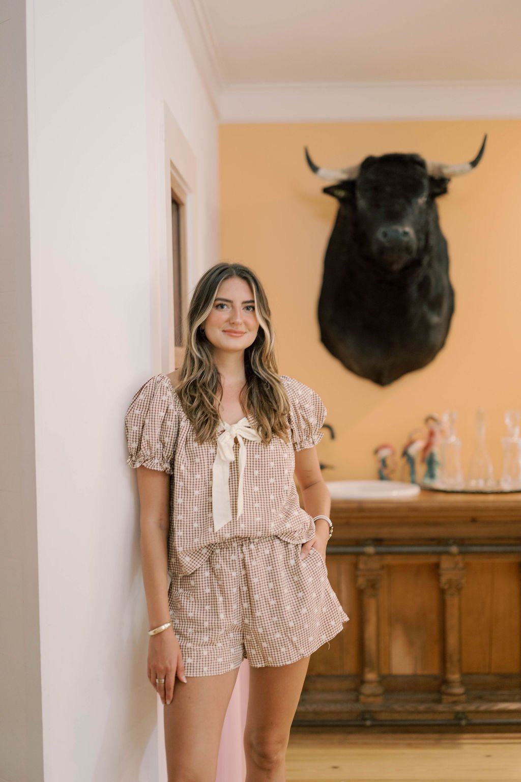 Soho Views Gingham Embroidered Short Sleeve Top - Tops - Blouses - Peach Love CA