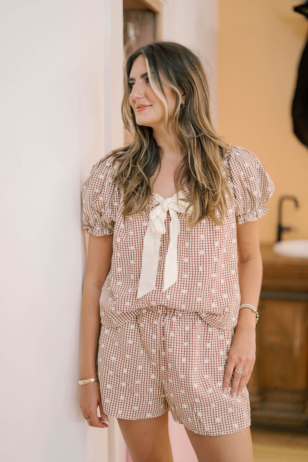 Soho Views Gingham Embroidered Short Sleeve Top - Tops - Blouses - Peach Love CA