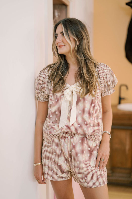 Soho Views Gingham Embroidered Short Sleeve Top - Tops - Blouses - Peach Love CA