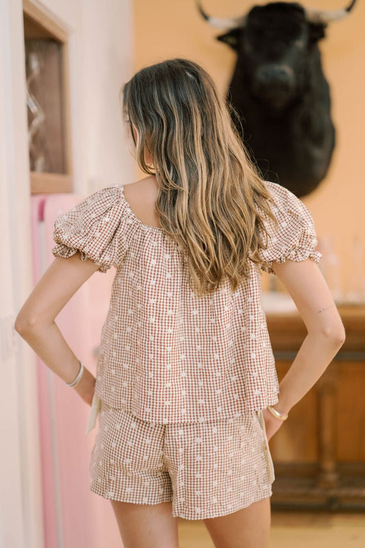 Soho Views Gingham Embroidered Short Sleeve Top - Tops - Blouses - Peach Love CA