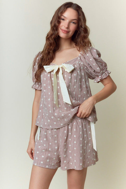 Soho Views Gingham Embroidered Short Sleeve Top - Tops - Blouses - Peach Love CA