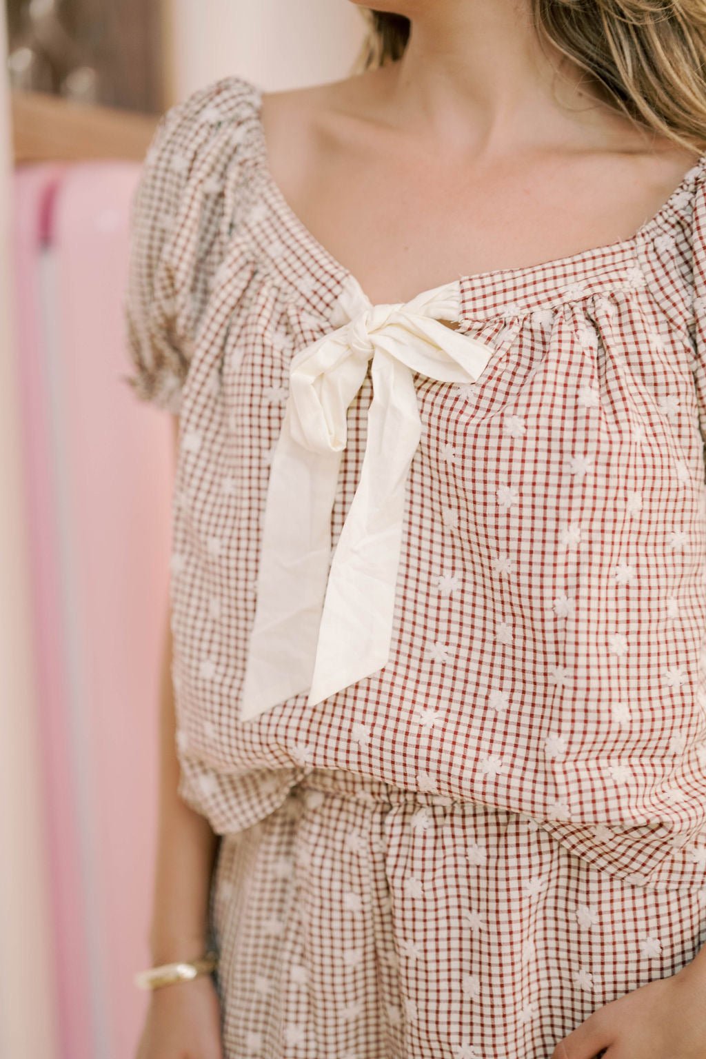 Soho Views Gingham Embroidered Short Sleeve Top - Tops - Blouses - Peach Love CA