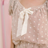 Soho Views Gingham Embroidered Short Sleeve Top - Tops - Blouses - Peach Love CA