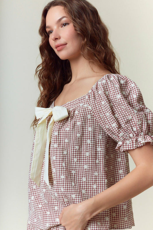 Soho Views Gingham Embroidered Short Sleeve Top - Tops - Blouses - Peach Love CA