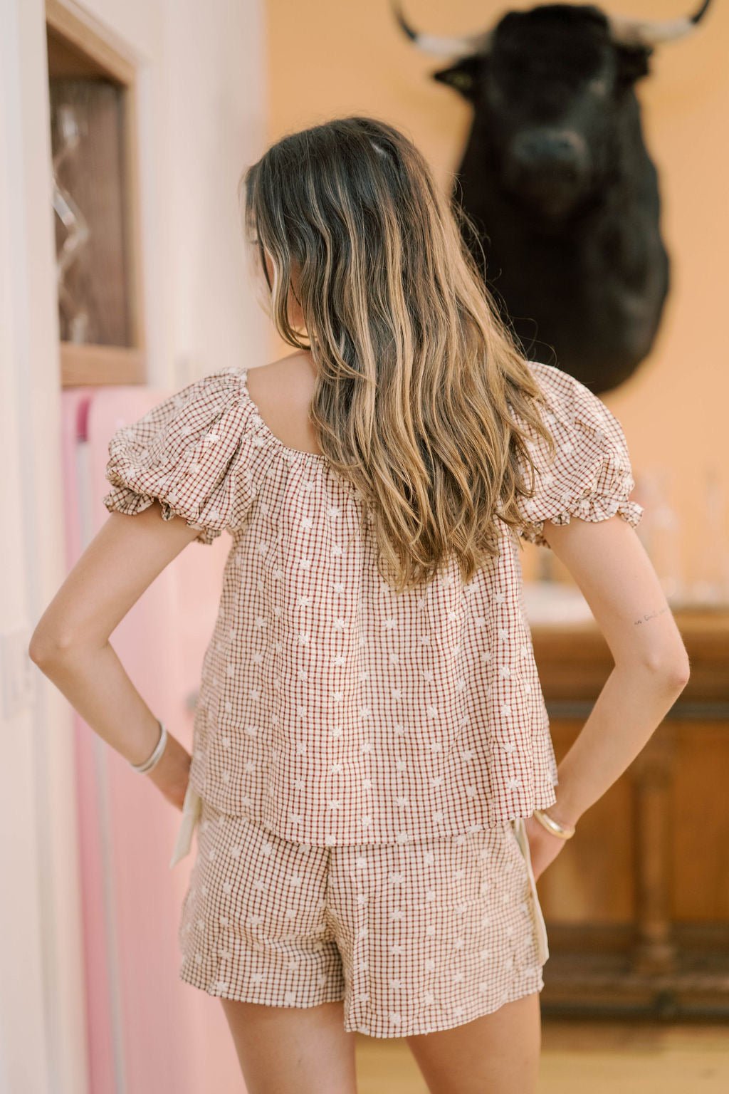 Soho Views Gingham Embroidered Shorts - Bottoms - Shorts - Peach Love CA