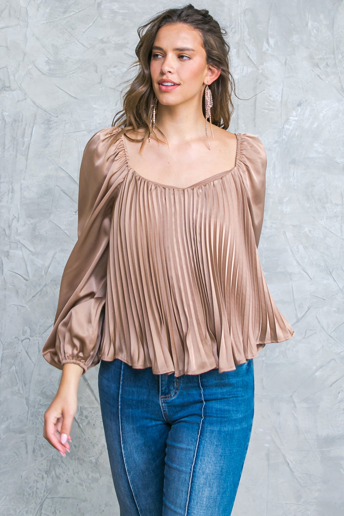 Gold party top, solid woven material, dreamy sweetheart neckline, and playful pleated bodice