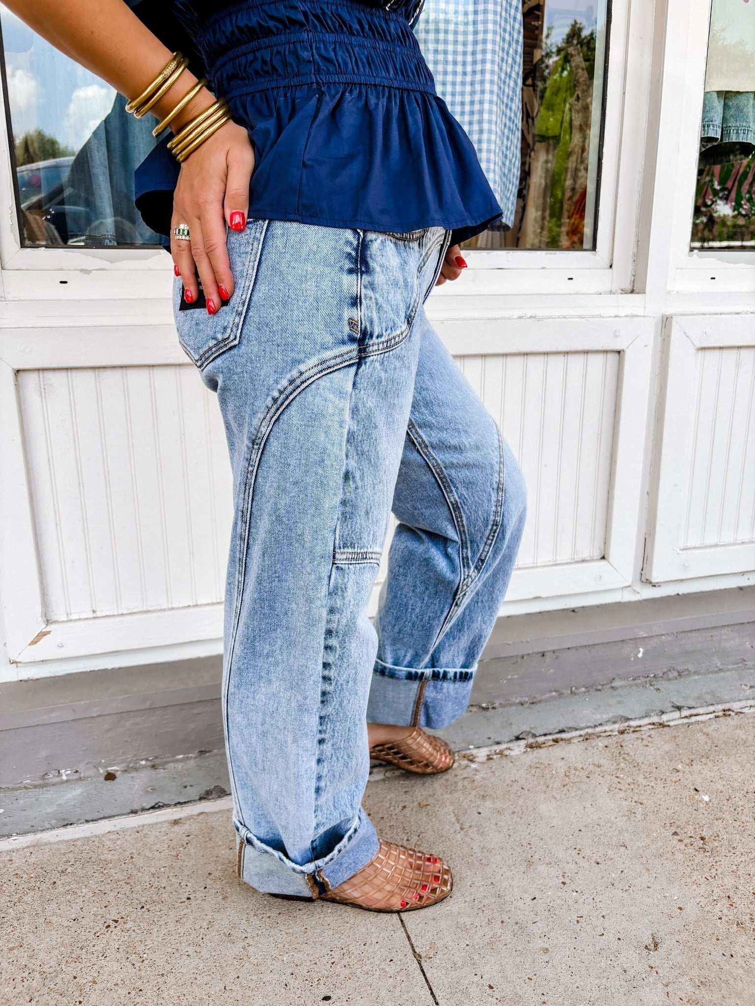 The High Rise Barrel Wide Cuff Jeans - Bottoms- Pants - Saige Denim