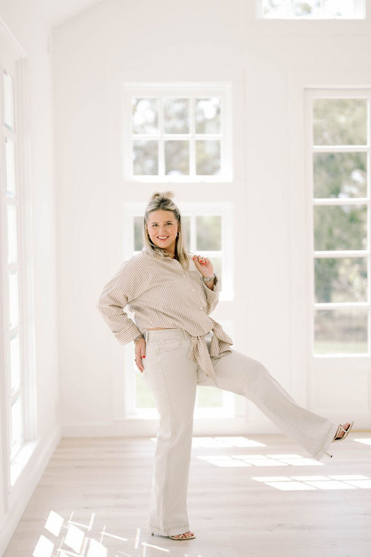 The High Rise Slim Wide Leg Beige Jeans - Bottoms - Pants - Saige Denim