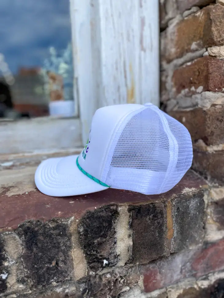 * 100% Polyester foam front, mesh back  * Structured, five-panel, mid-profile  * Pre-curved visor with braid detailing  * Adjustable double snapback closure *HAPPY HOUR TRUCKER