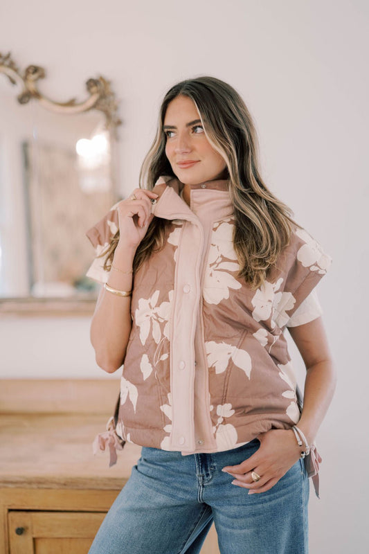 Wildflower Picking Floral Corduroy Puff Vest - Outerwear - Vests - Peach Love CA