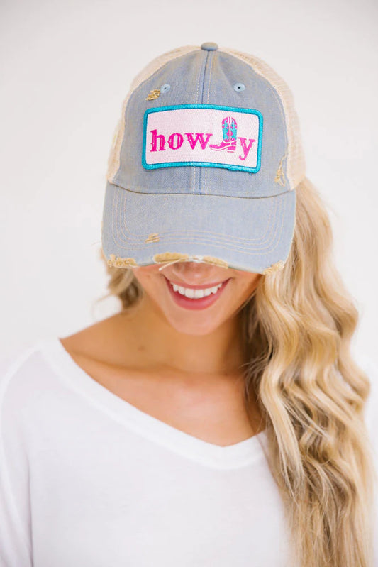 Howdy patch, light denim distressed adjustable ball cap.   One size fits all.