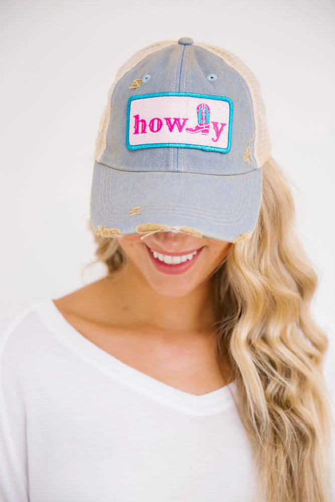 Howdy patch, light denim distressed adjustable ball cap.   One size fits all.
