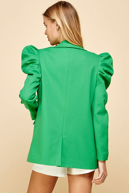 "just my luck jacket. Green Puff sleeve blazer featuring an open front with double front pockets and a back slit