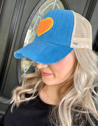 denim ball cap featuring a cute orange heart patch