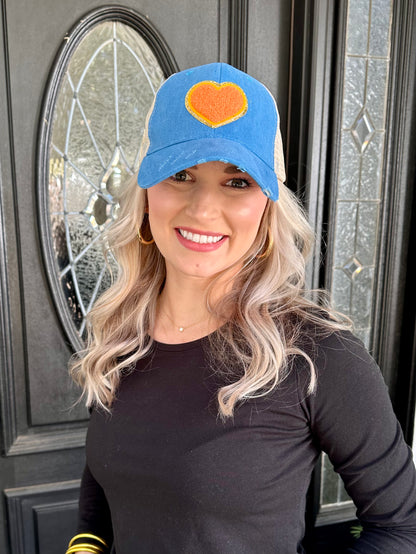 denim ball cap featuring a cute orange heart patch